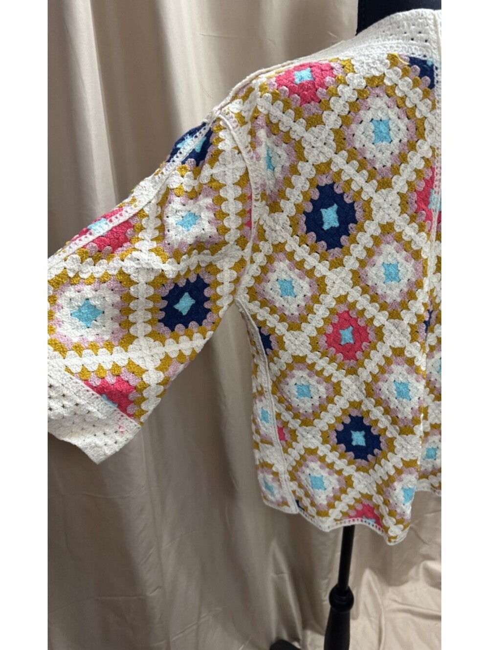 AZ Granny Square Crochet Cardigan Women M Multicolor Boho Open Front Sweater - Picture 6 of 13
